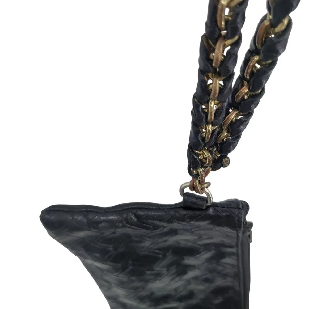 Vegan Black Tire Tread Embossed Faux Leather Wristlet Gold Chain Biker Steampunk